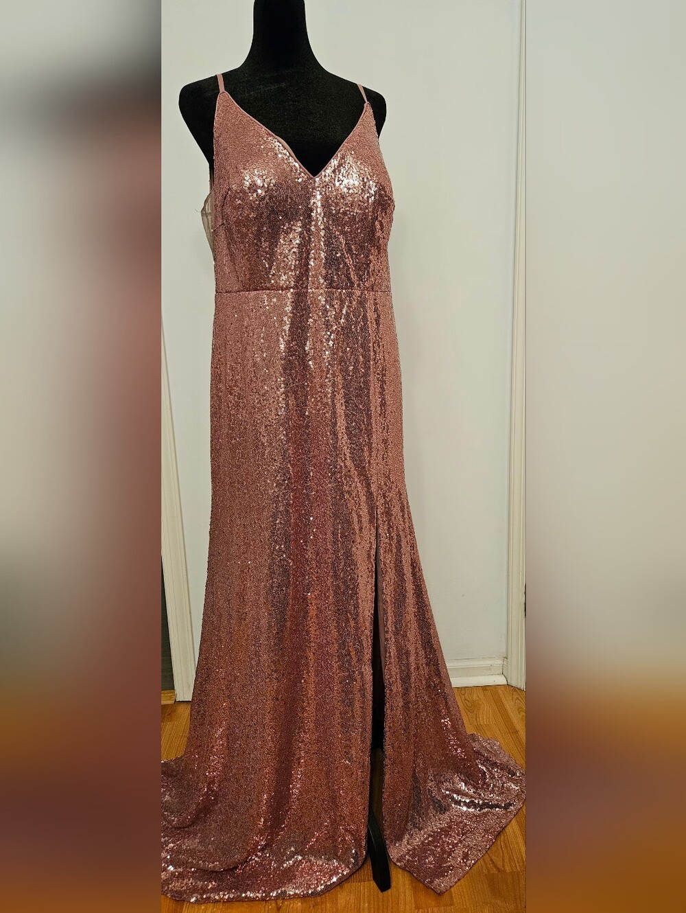 Azazie Rose Gold Sequin V-Neck Prom Gown